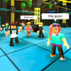 Roblox avatars dance on a blue tile floor while inviting other players to join them.